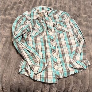 BKE Mens Turquoise and Gray Plaid Button Down Shirt
